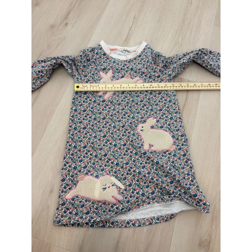 Mini Boden Jersey Dress Kids 7-8Y Multi Floral Bunny Applique Long Sleeve Spring